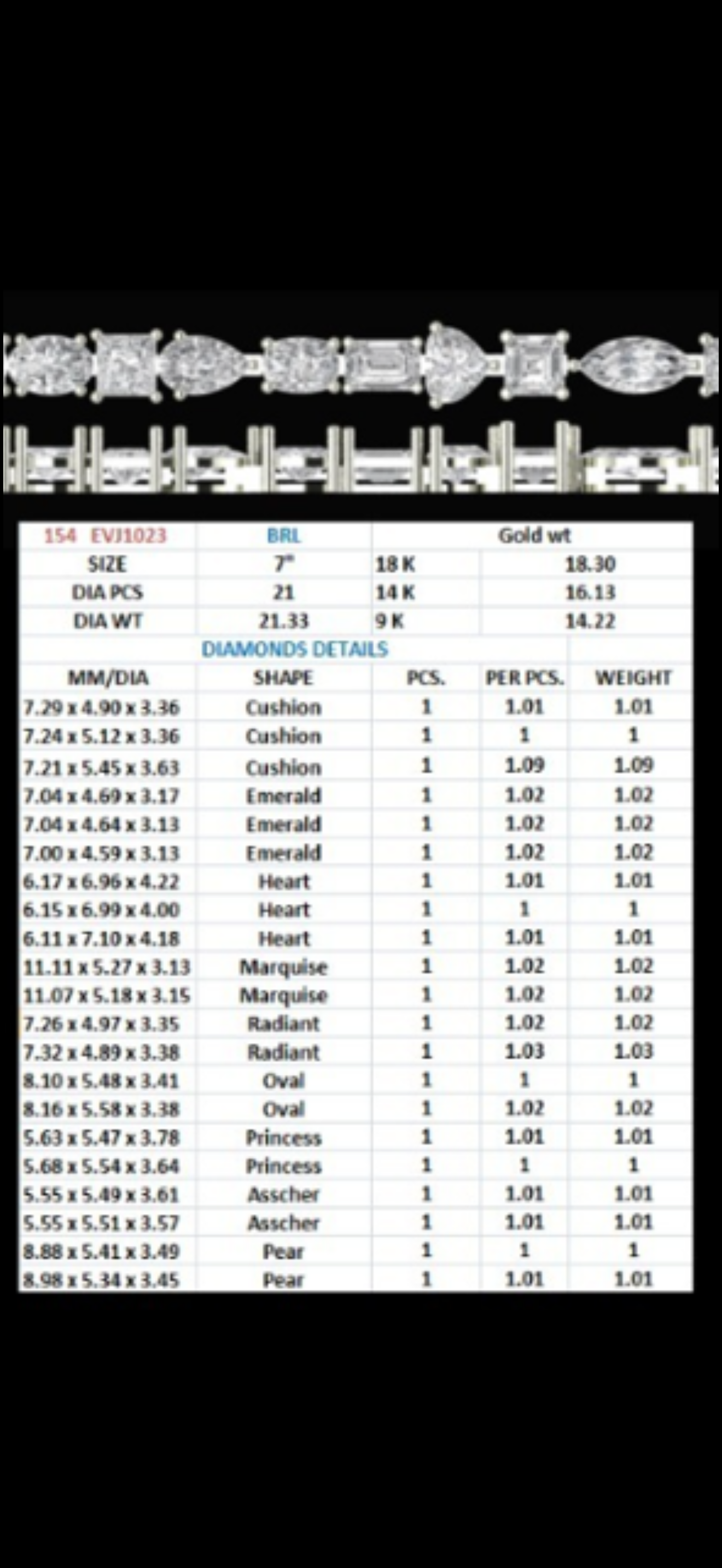 21 Carat Multi-Shape Lab-Grown Diamond Tennis Bracelet